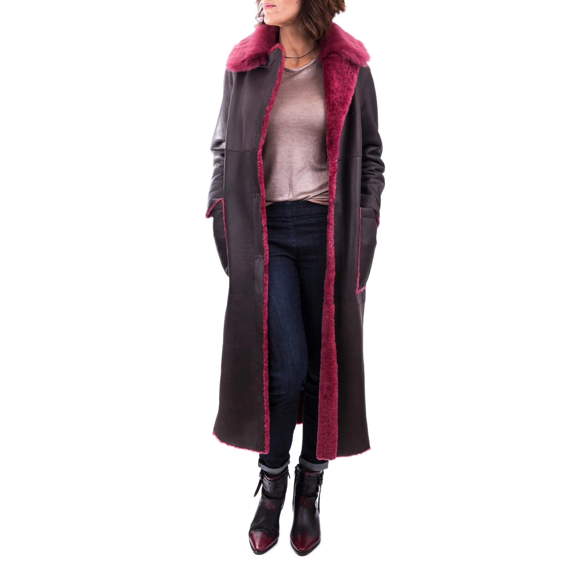 Reversible Merinillo Wool Coat in Dark Brown and Fuchsia