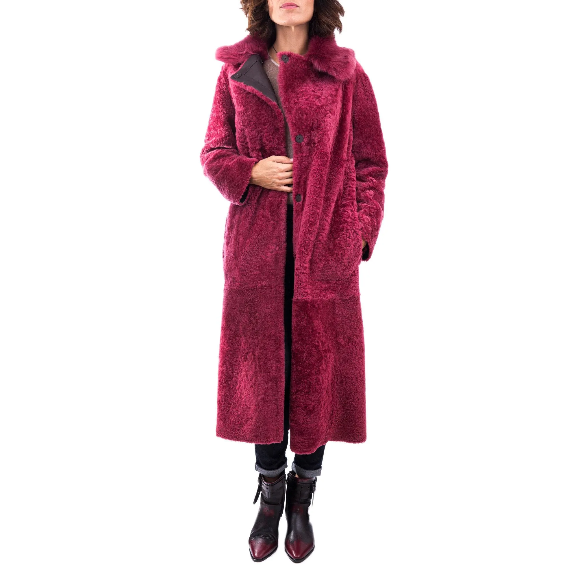 Reversible Merinillo Wool Coat in Dark Brown and Fuchsia