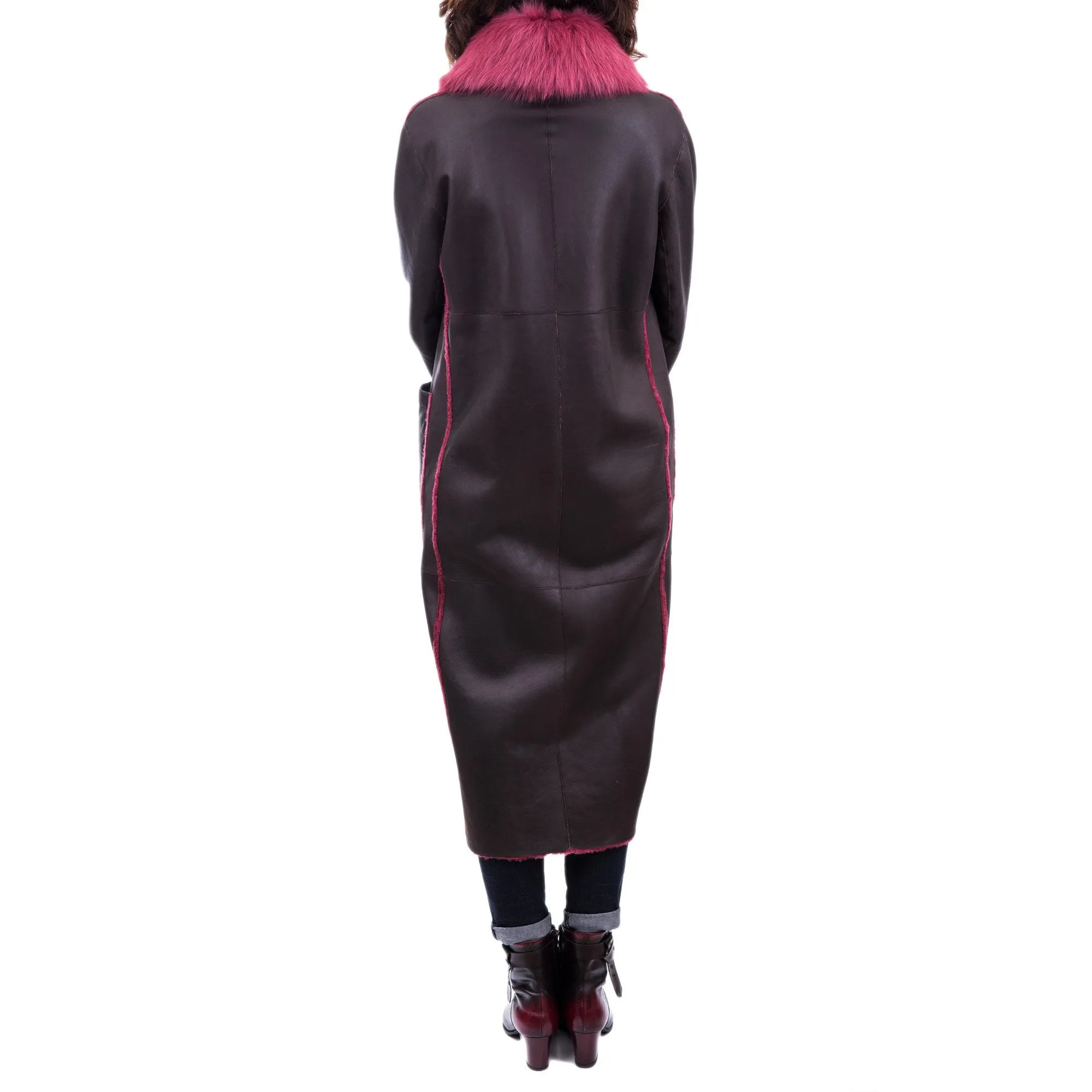 Reversible Merinillo Wool Coat in Dark Brown and Fuchsia