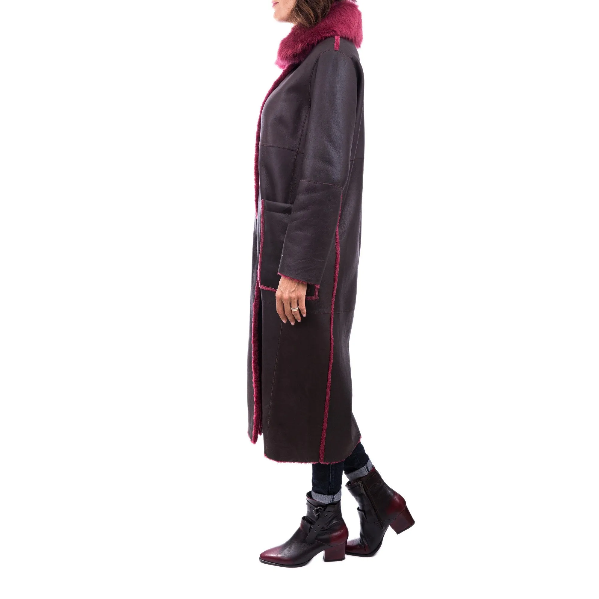 Reversible Merinillo Wool Coat in Dark Brown and Fuchsia