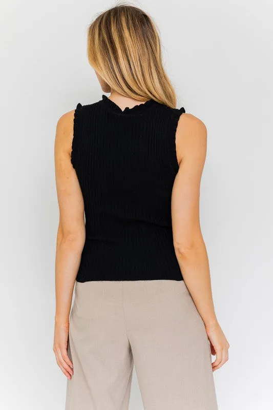 RUFFLE DETAIL SLEEVELESS SWEATER TOP