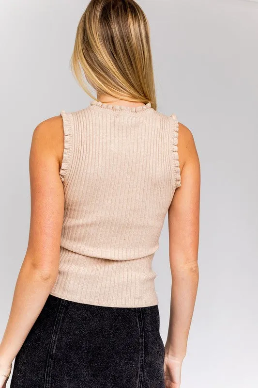 RUFFLE DETAIL SLEEVELESS SWEATER TOP