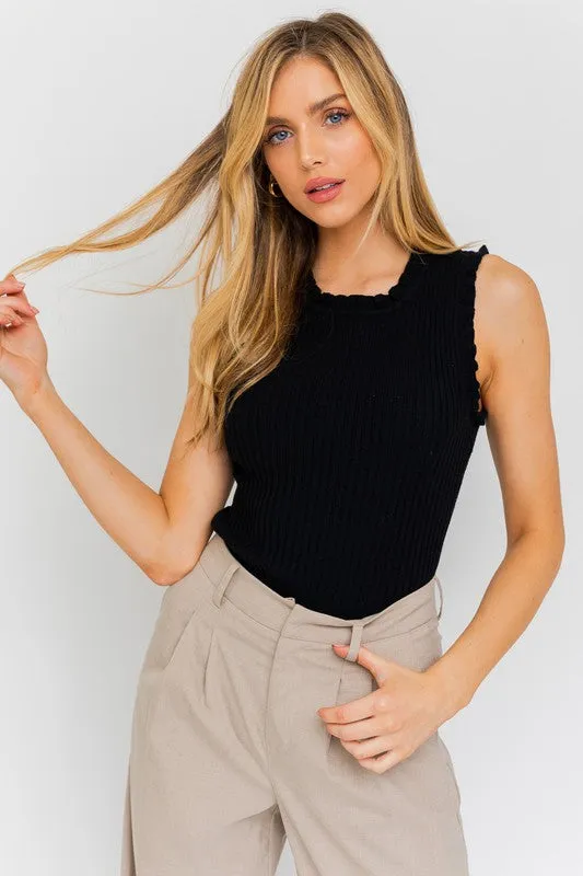 RUFFLE DETAIL SLEEVELESS SWEATER TOP