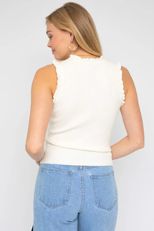 RUFFLE DETAIL SLEEVELESS SWEATER TOP