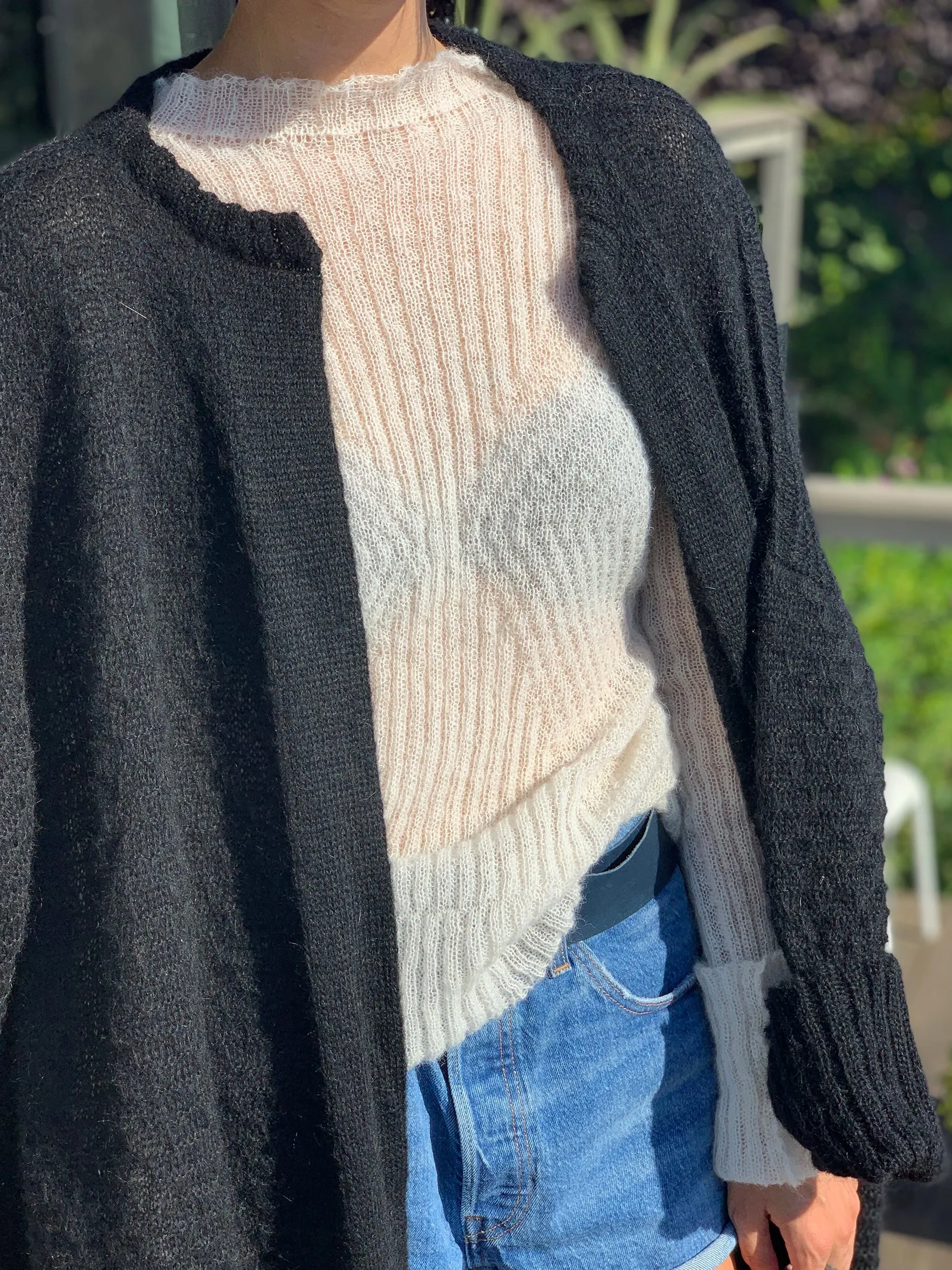 Sheer Bias Design White Rib Sweater