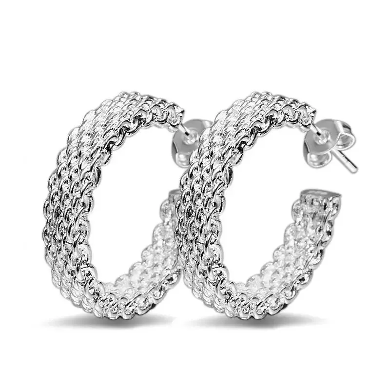 Silver Color Textured Stylish Hoop Earring