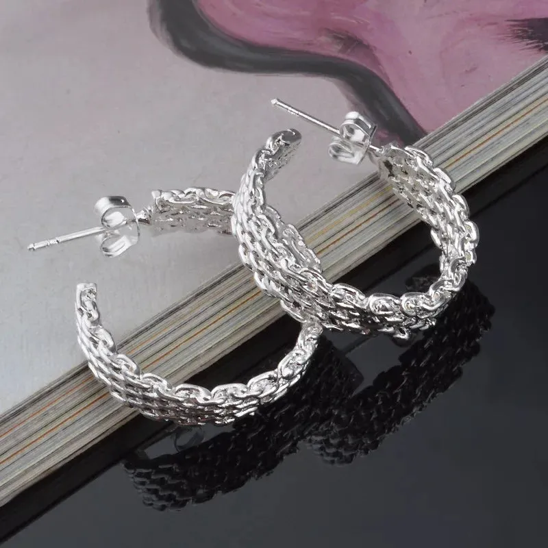 Silver Color Textured Stylish Hoop Earring