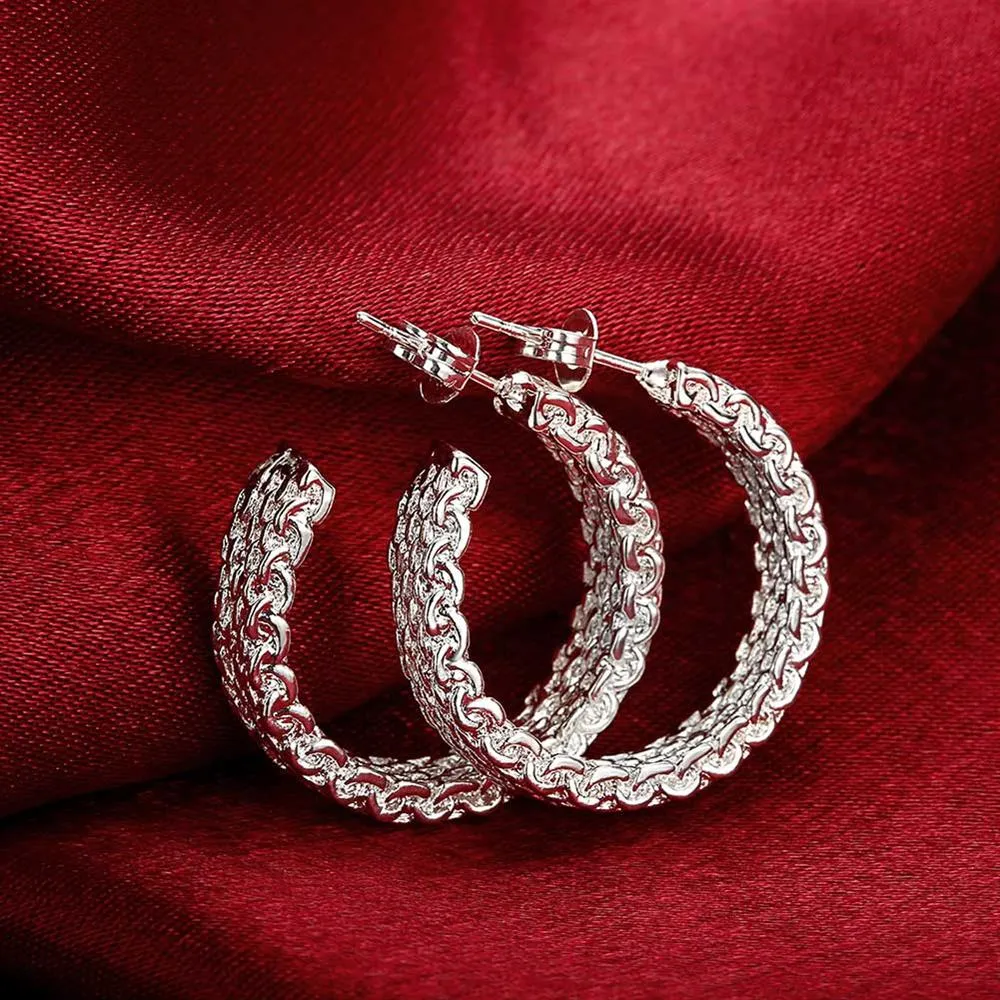 Silver Color Textured Stylish Hoop Earring