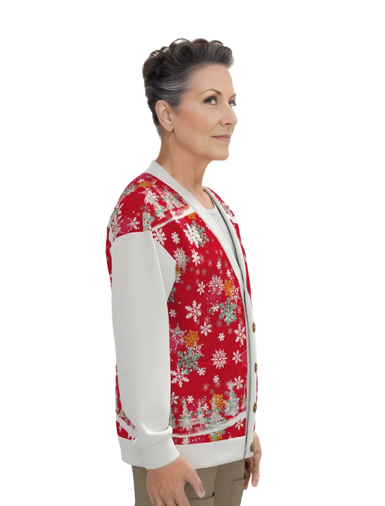 Snow Man's Delight Unisex V-neck Knitted Hacci Fleece Christmas Cardigan With Button Closure