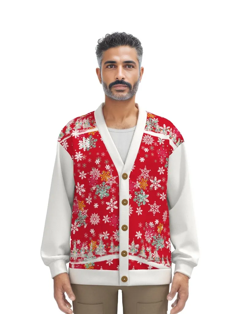 Snow Man's Delight Unisex V-neck Knitted Hacci Fleece Christmas Cardigan With Button Closure