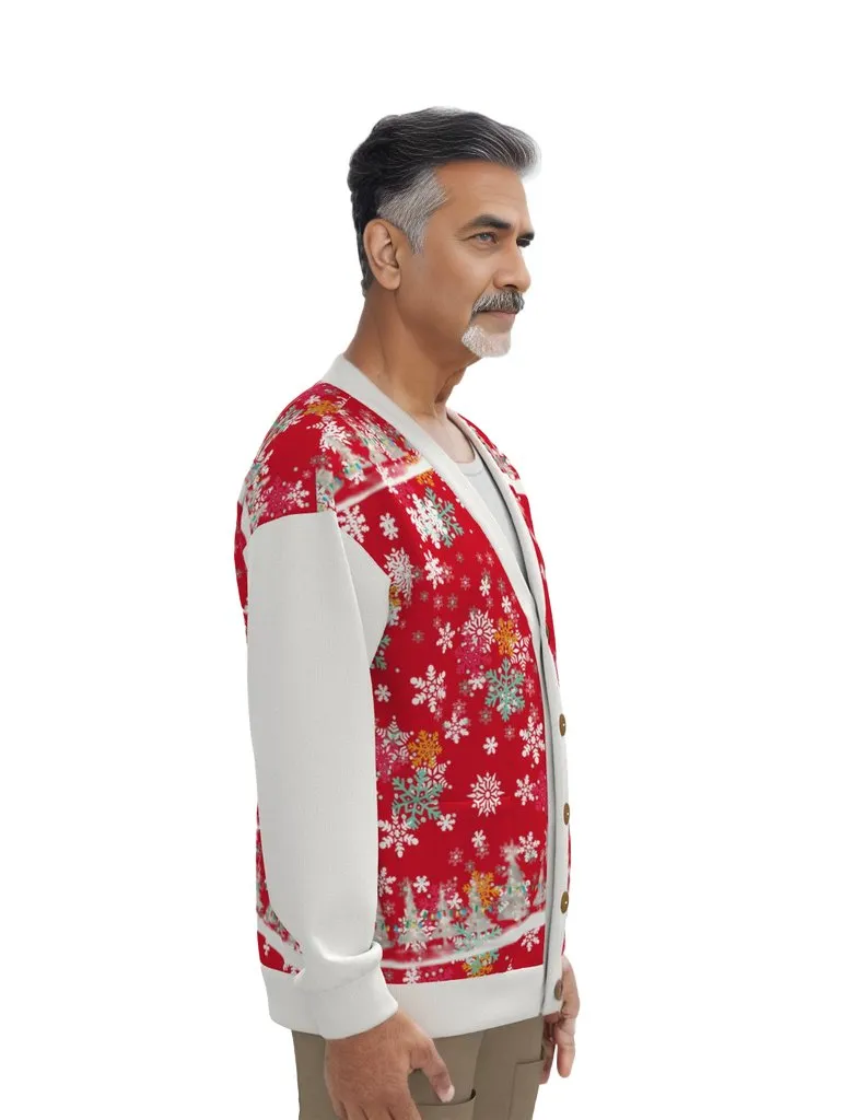 Snow Man's Delight Unisex V-neck Knitted Hacci Fleece Christmas Cardigan With Button Closure