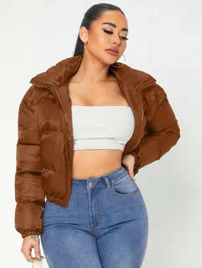 Solid Zip Up Crop Puffer Coat