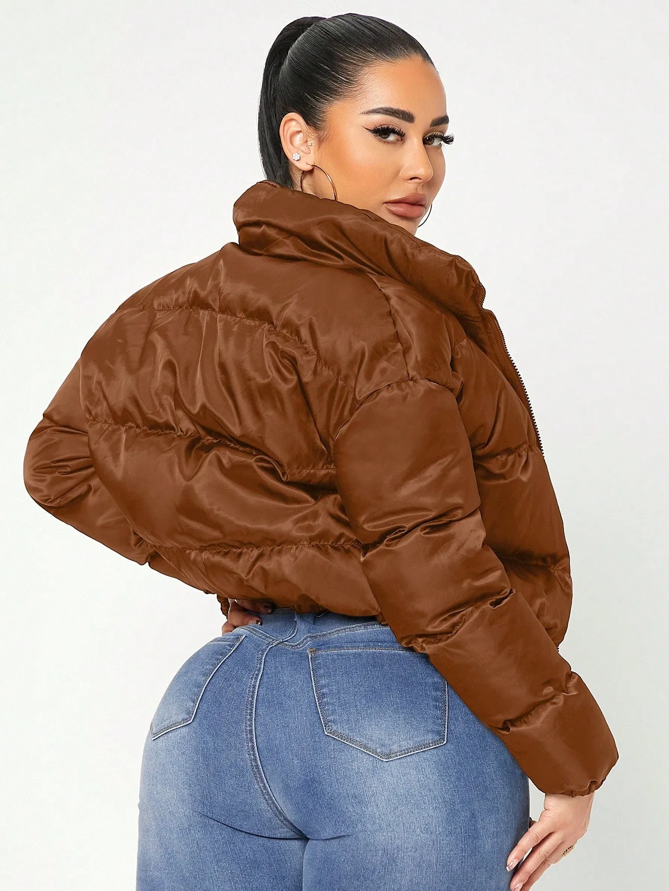 Solid Zip Up Crop Puffer Coat