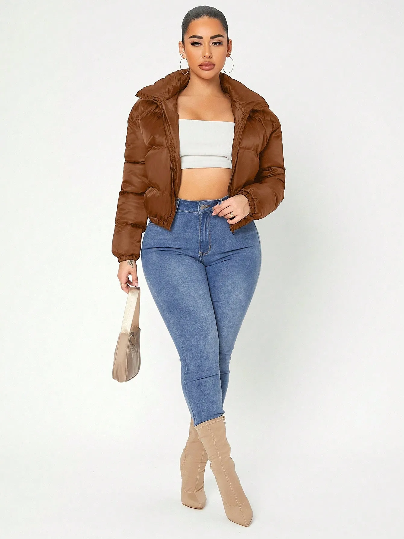 Solid Zip Up Crop Puffer Coat