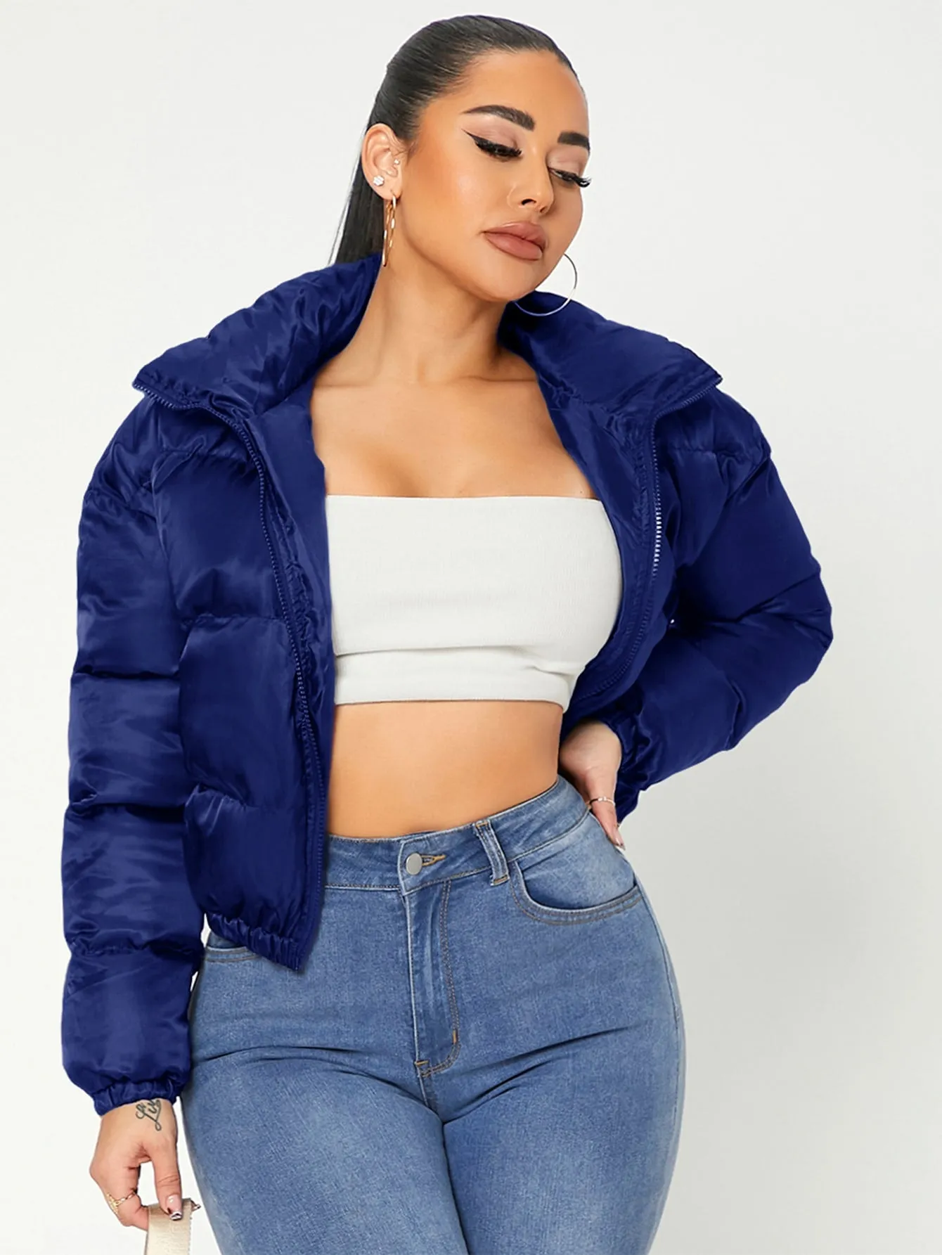 Solid Zip Up Crop Puffer Coat