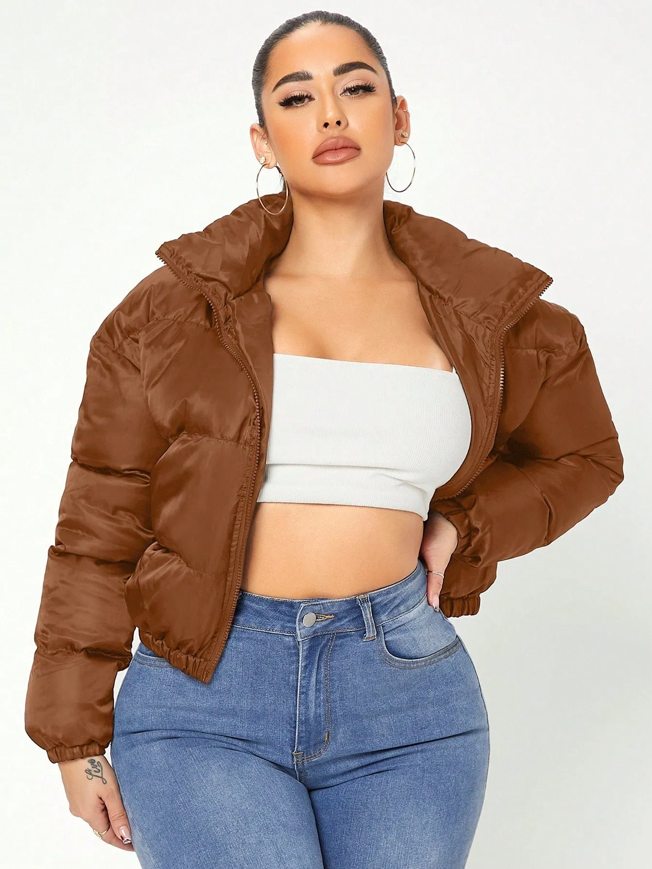 Solid Zip Up Crop Puffer Coat