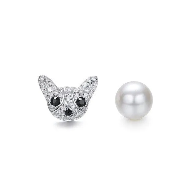 Sterling silver stylish shiny cat with a pearl earring