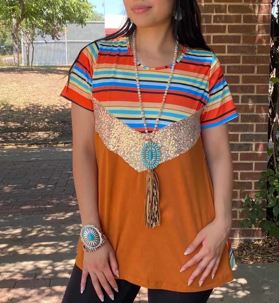 Striped, Sequin, Rust short sleeve top