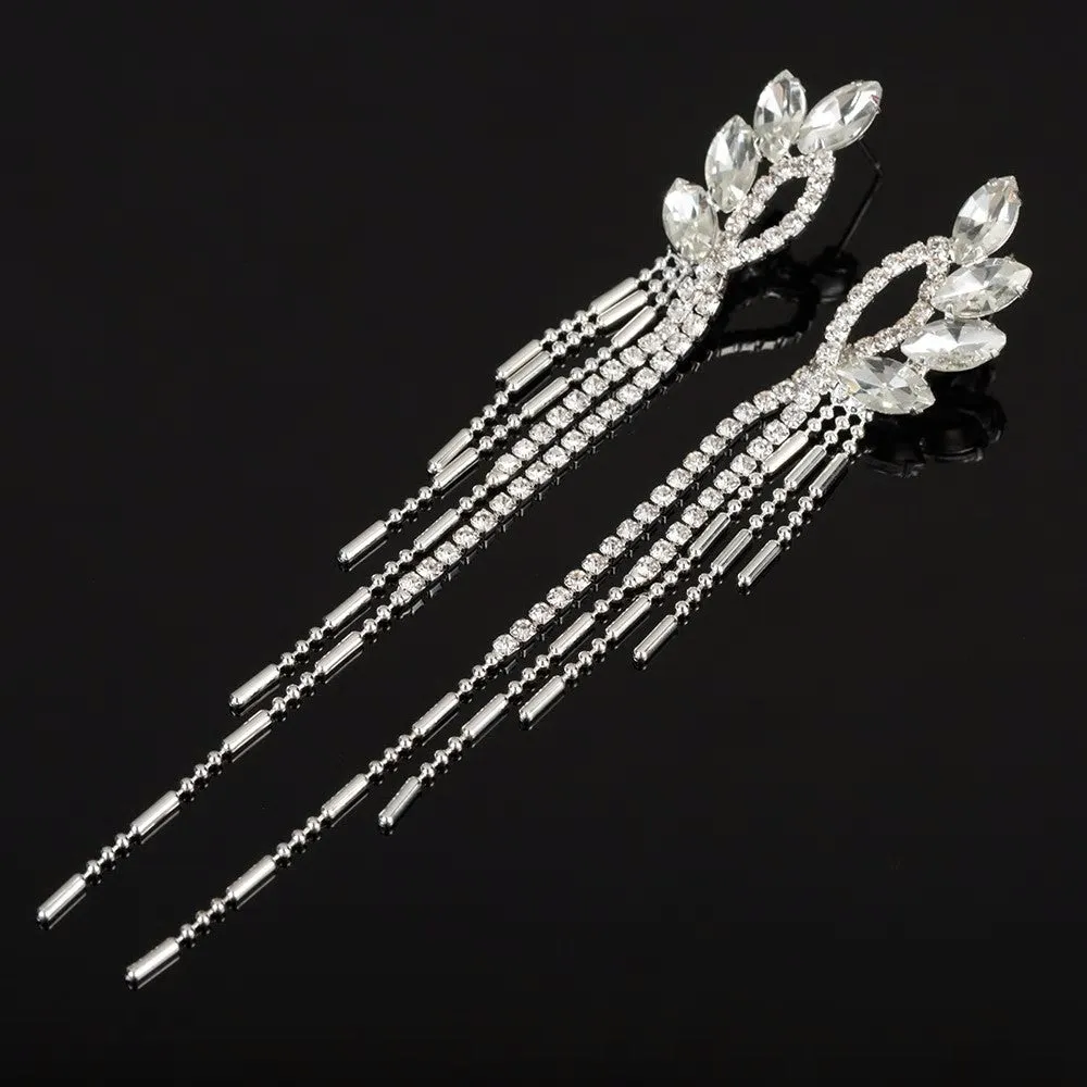 Stylish Crystal Rhinestone Tassel Long Drop Earrings - 2 Styles