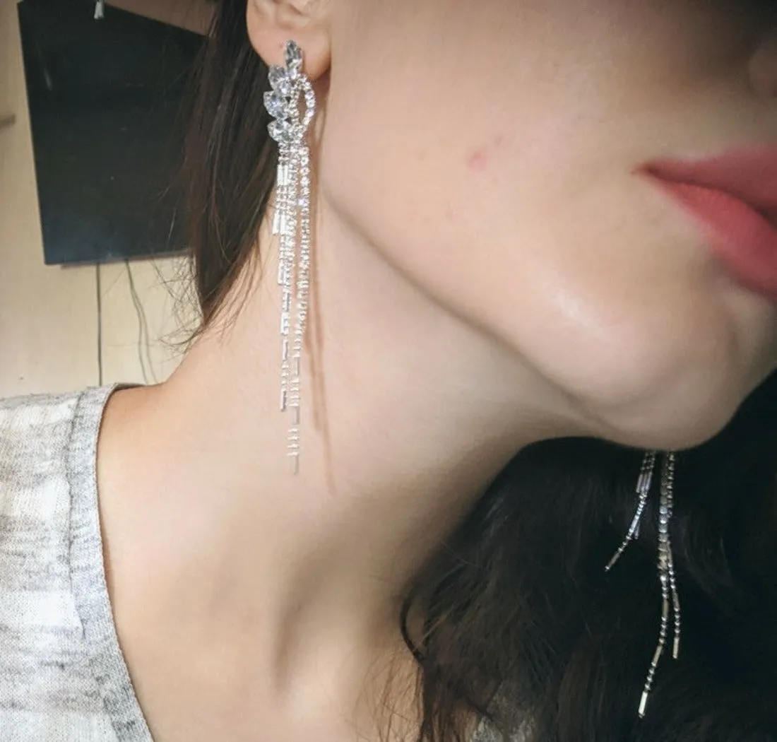 Stylish Crystal Rhinestone Tassel Long Drop Earrings - 2 Styles