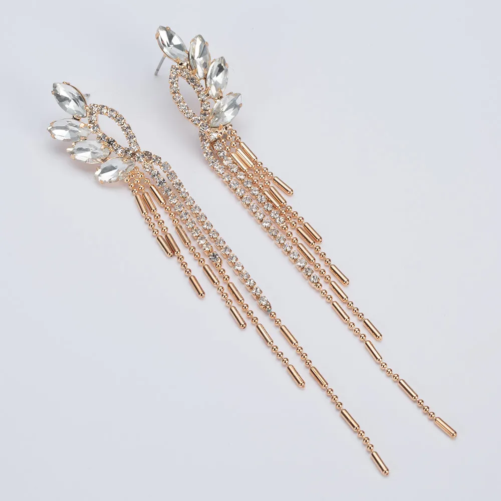 Stylish Crystal Rhinestone Tassel Long Drop Earrings - 2 Styles