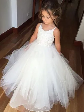 Stylish White Tulle Floral Flower Girl Dresses Sleeveless Lace Kids Party Dresses