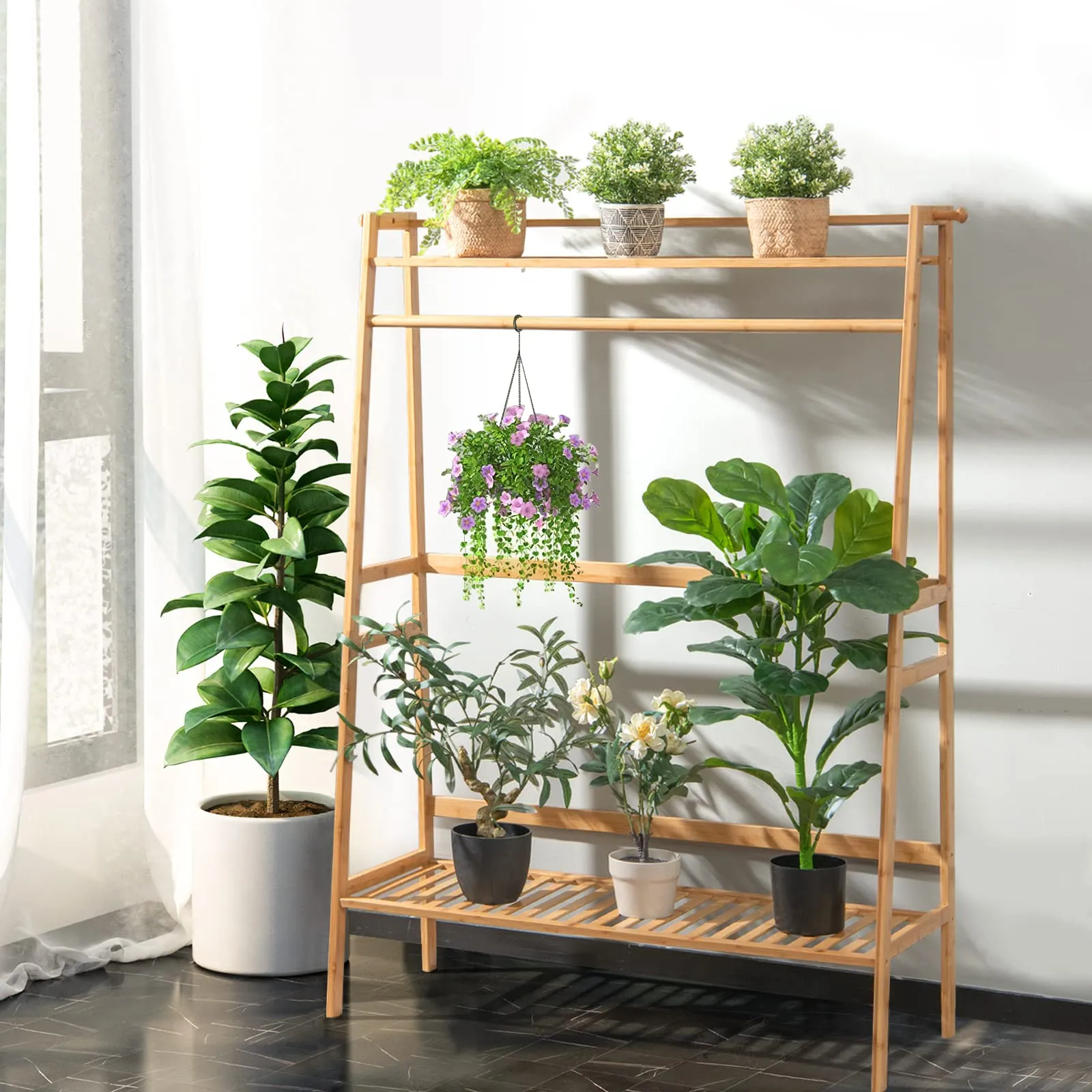 Tangkula Bamboo Clothing Rack with Storage Shelves