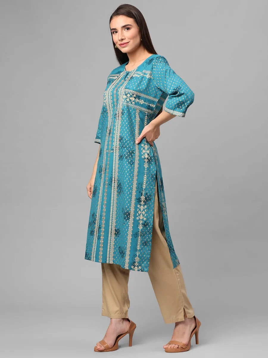 Teal Floral Printed Kurta