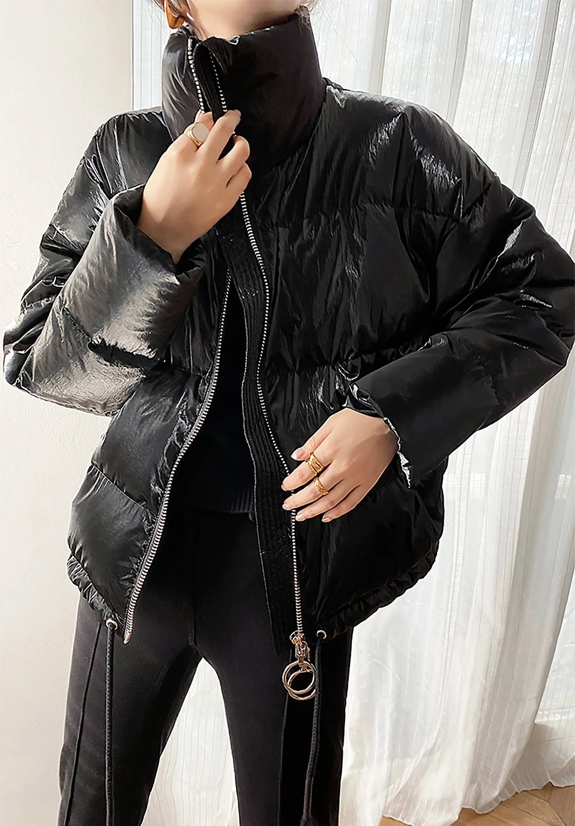 Women Black down Jacket,Short down Coat,Warm Down Puffer Coat,Shiny Down Jacket,Casual Warm Puffy Coat,Quilted Down Padded Coat,Winter Coat