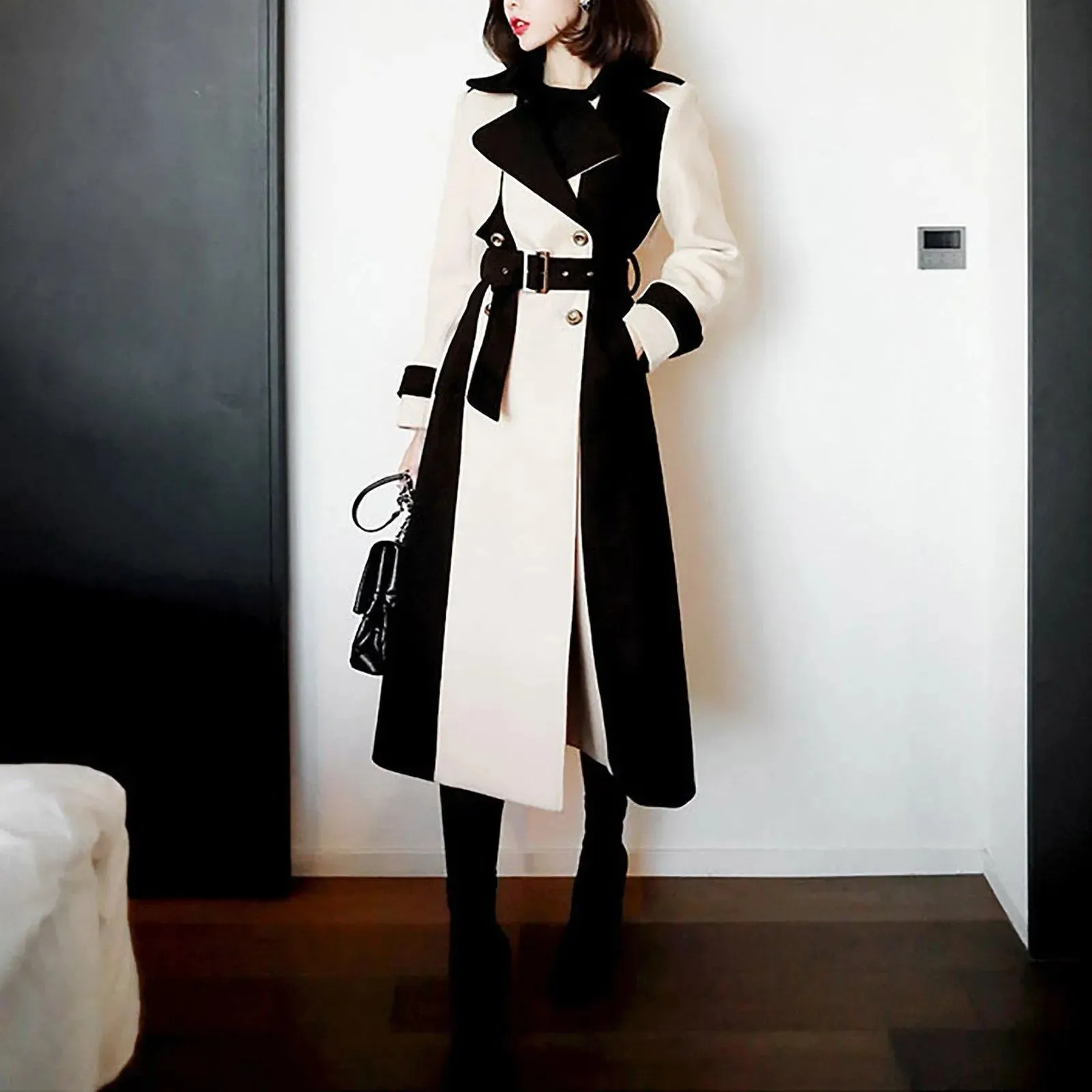 Women Contrast Wool Trench Coat,Double-Breasted Woolen Coat,Fall Winter Coat,women Wool Blend Long Coat Outerwear,Belted Wool Coat Outerwear