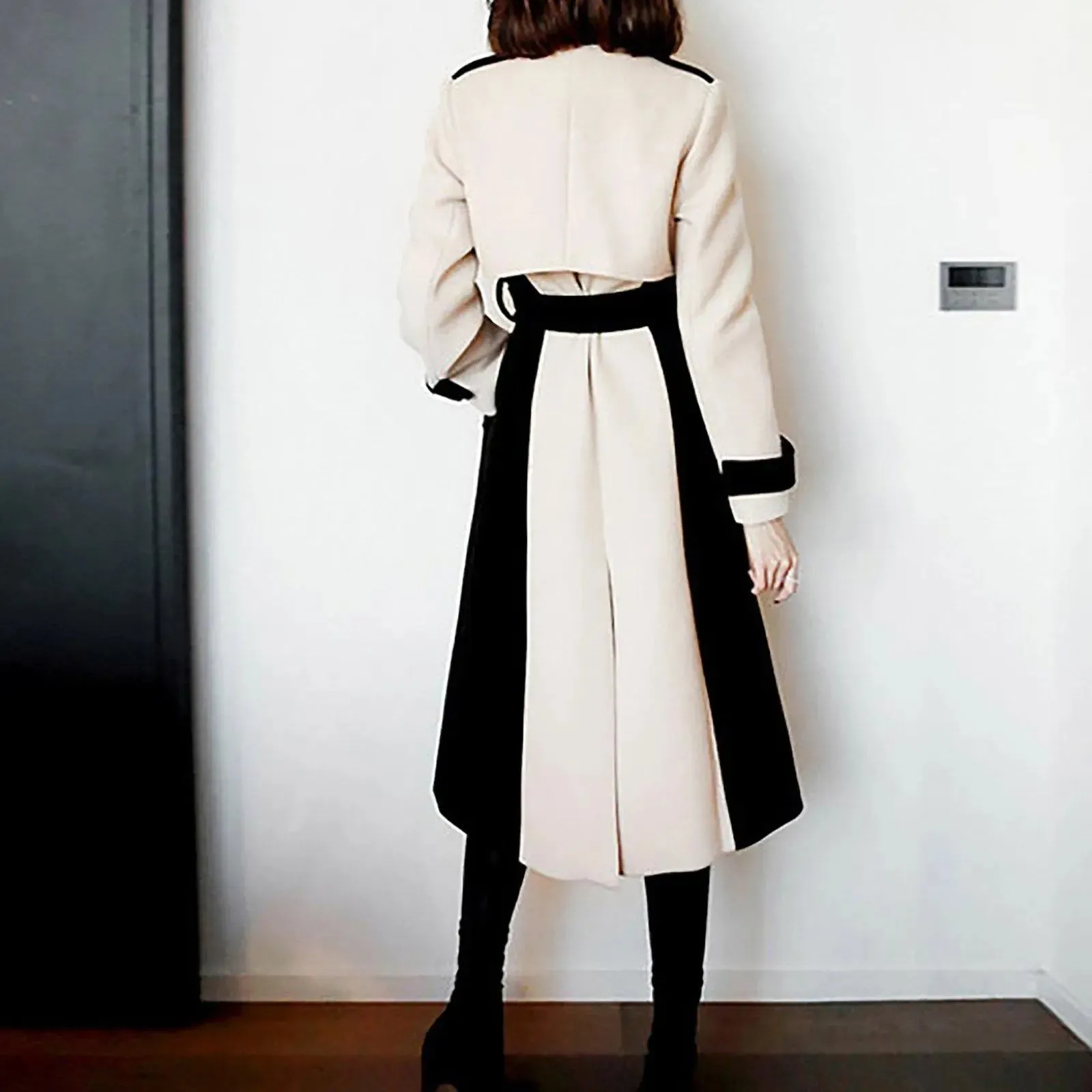 Women Contrast Wool Trench Coat,Double-Breasted Woolen Coat,Fall Winter Coat,women Wool Blend Long Coat Outerwear,Belted Wool Coat Outerwear