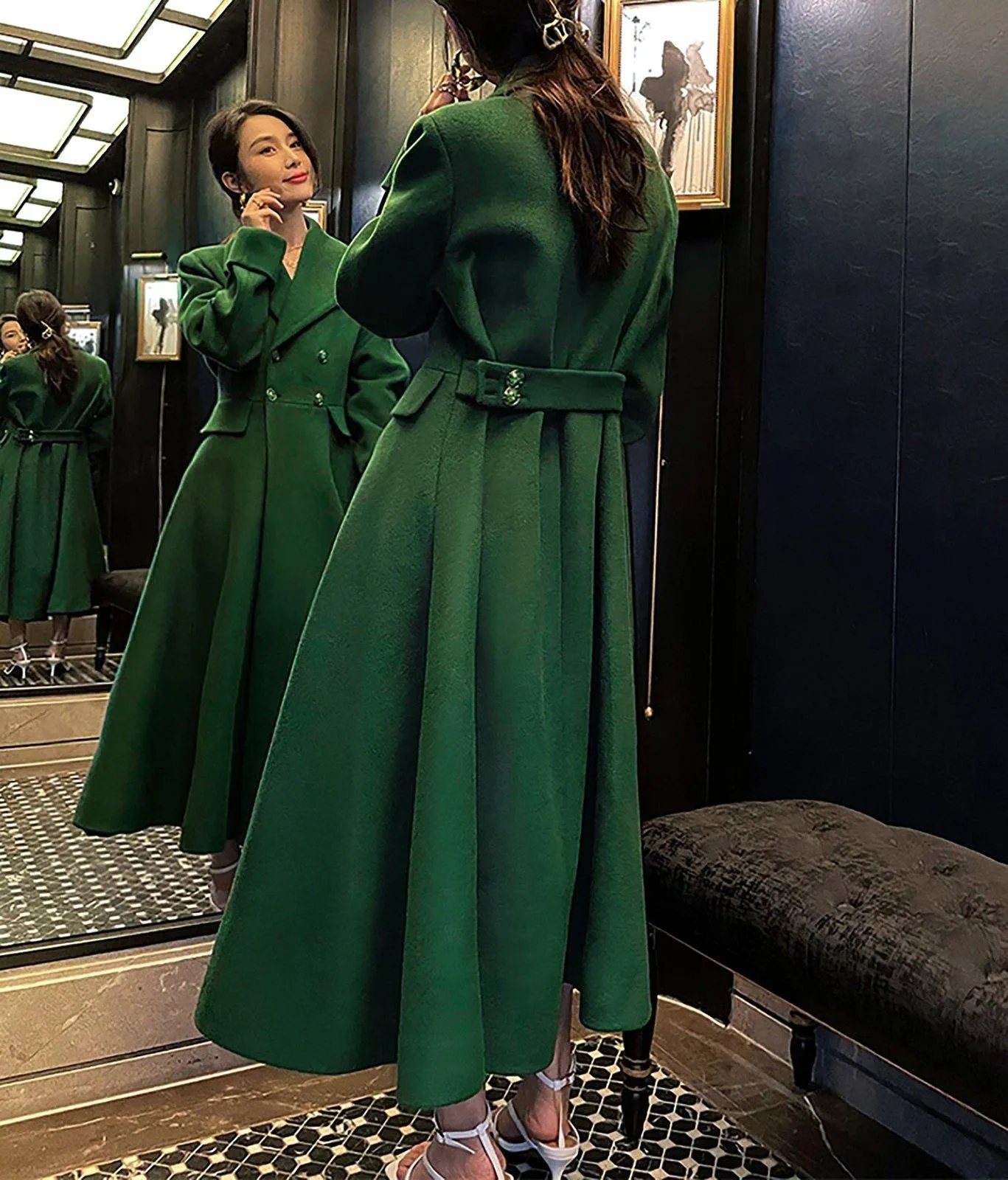 Women Green Wool Long Coat,Thicken Wool Overcoat,Double Breasted Coat,A line Wool Trench Reefer Coat,Warm Winter Coat,Green Long Wool Coat