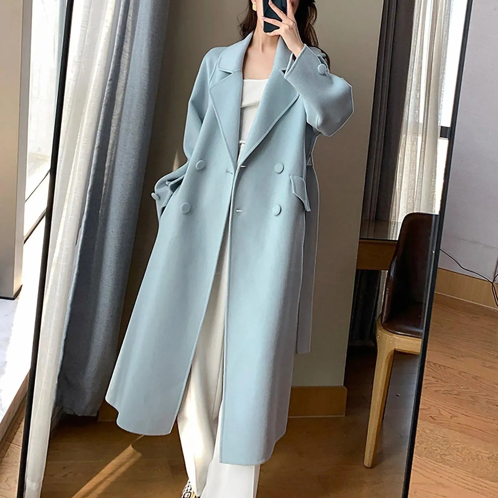 Women Light Blue Wool Long Coat,White Long Wool Coat,Double Faced Wool Coat,Wool Overcoat,Warm Winter Coat,Oversize Wool Coat,Handmade Coat