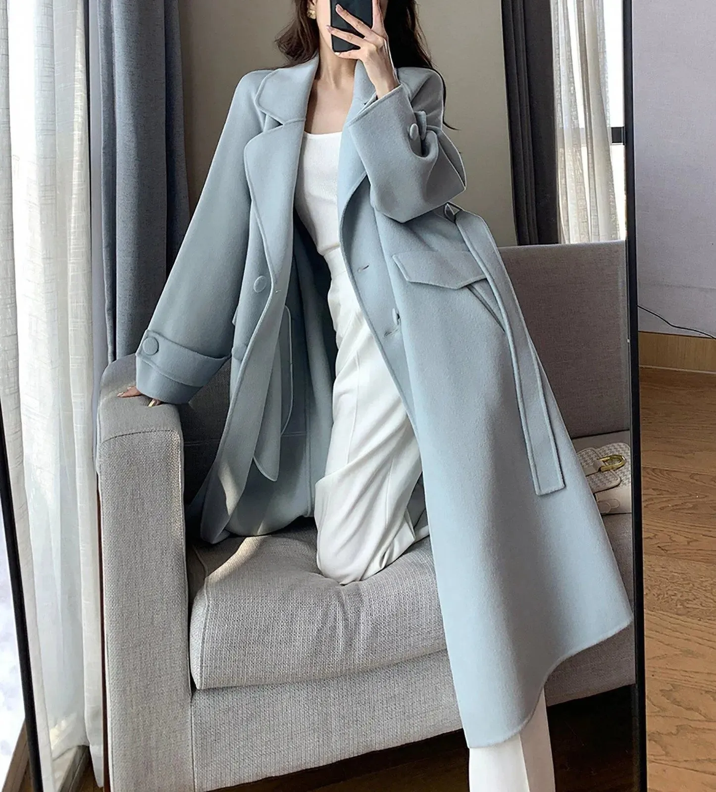 Women Light Blue Wool Long Coat,White Long Wool Coat,Double Faced Wool Coat,Wool Overcoat,Warm Winter Coat,Oversize Wool Coat,Handmade Coat