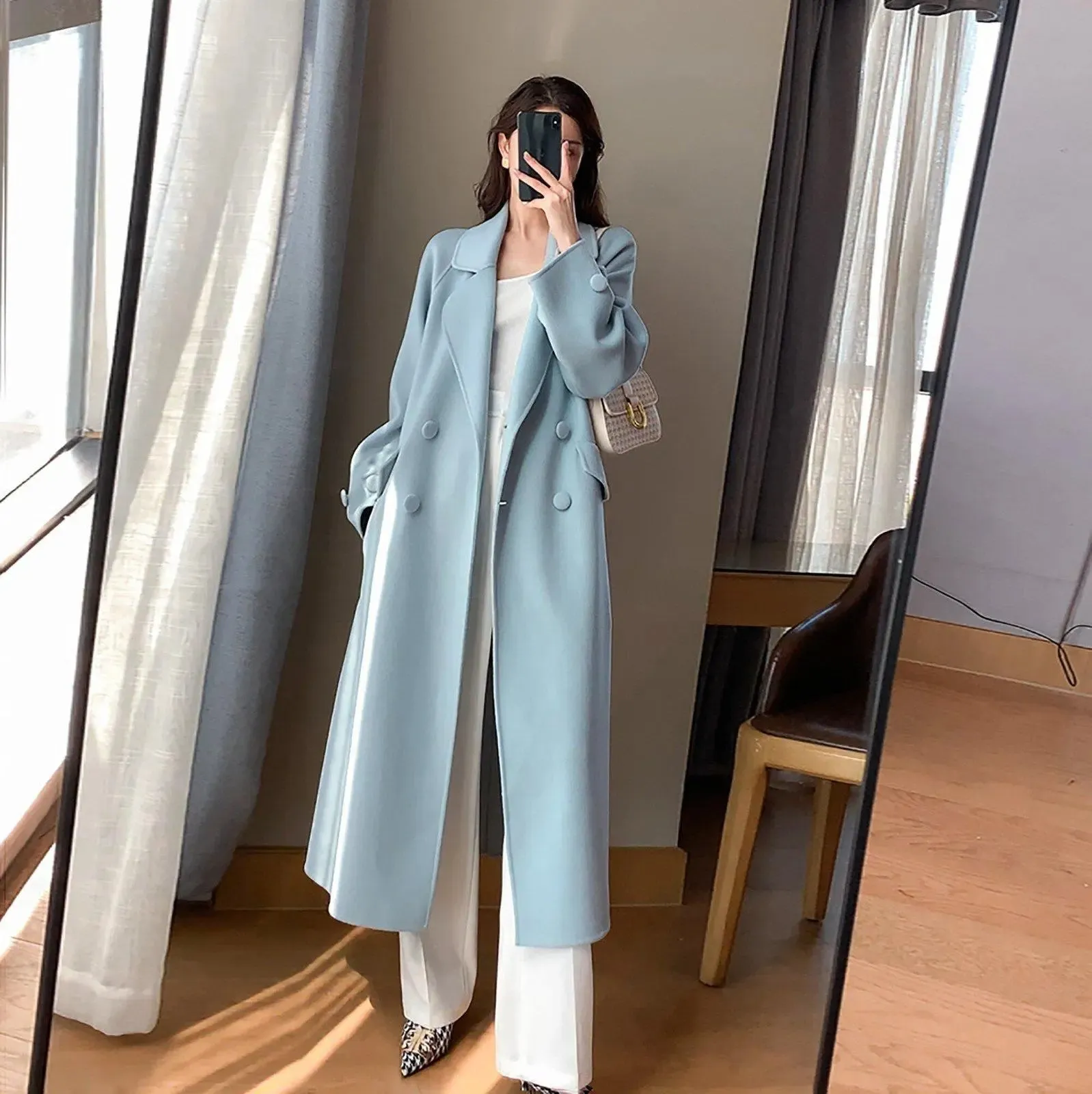 Women Light Blue Wool Long Coat,White Long Wool Coat,Double Faced Wool Coat,Wool Overcoat,Warm Winter Coat,Oversize Wool Coat,Handmade Coat