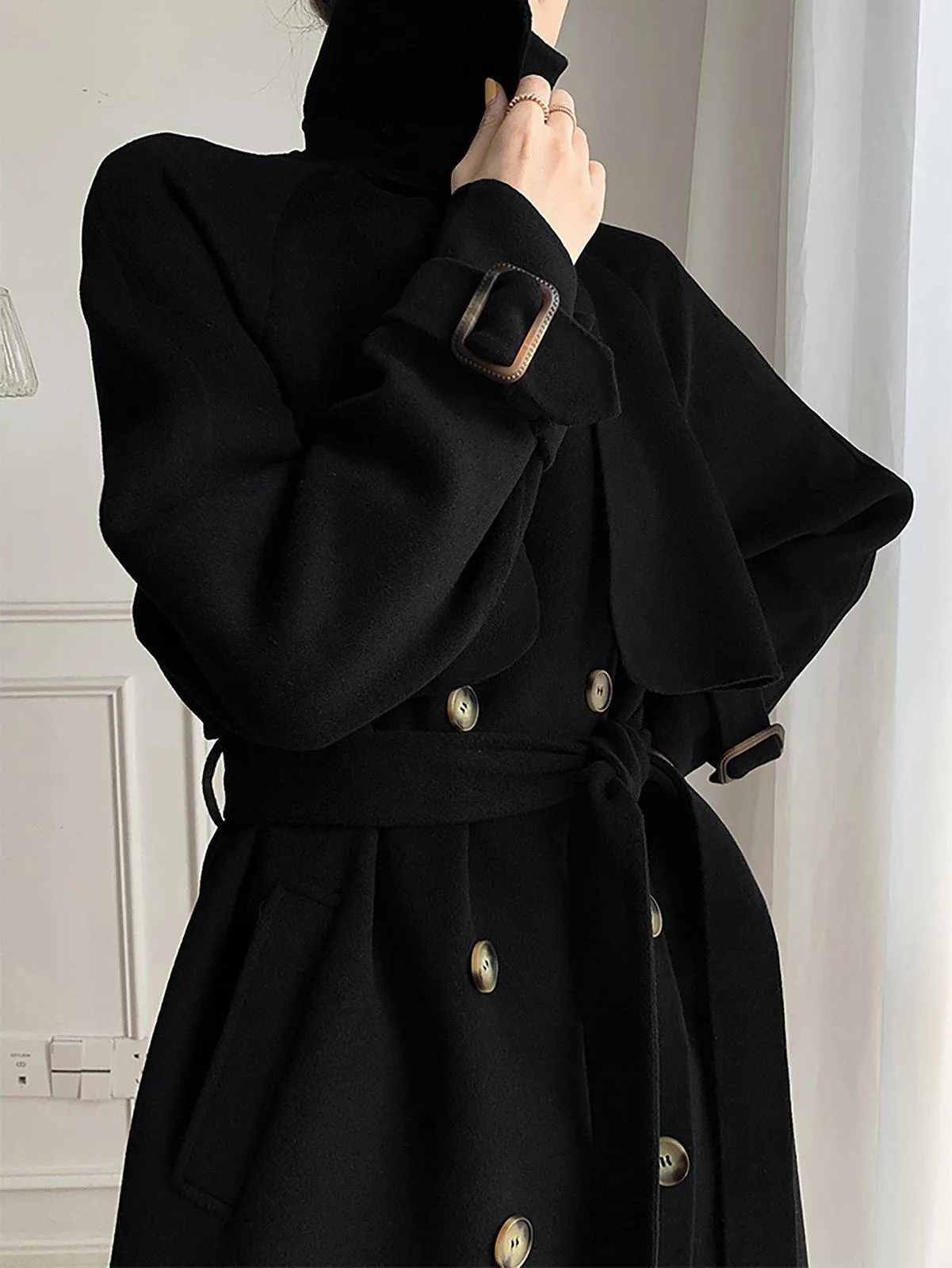 Women's Black Long Wool Coat,Oversize Wool Coat,Double Breast Reefer Coat,Fall Winter Wool Coat,Warm Wool Overcoat,Long Black Coat,Vivian7