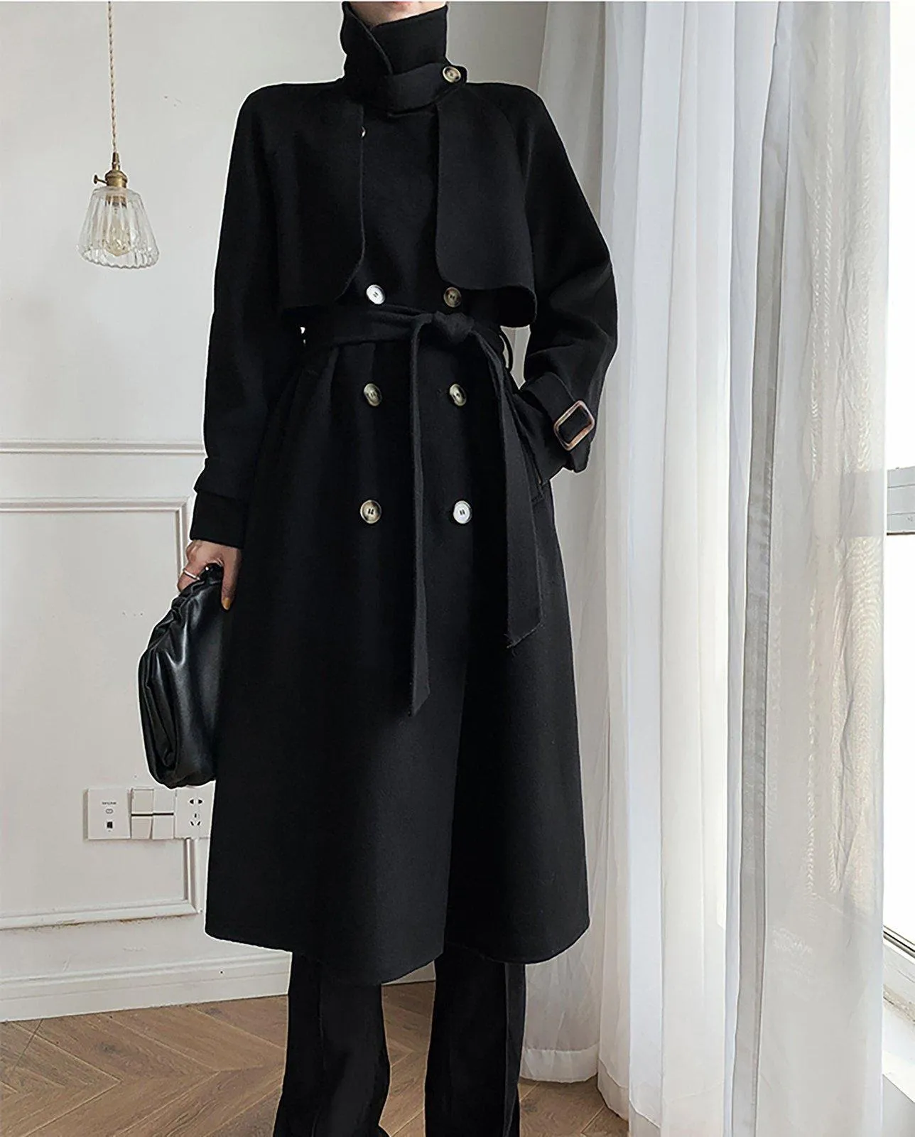 Women's Black Long Wool Coat,Oversize Wool Coat,Double Breast Reefer Coat,Fall Winter Wool Coat,Warm Wool Overcoat,Long Black Coat,Vivian7