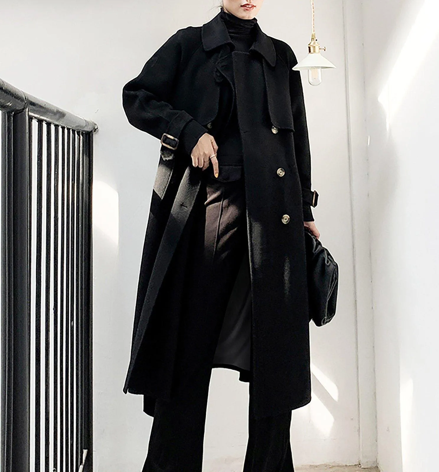 Women's Black Long Wool Coat,Oversize Wool Coat,Double Breast Reefer Coat,Fall Winter Wool Coat,Warm Wool Overcoat,Long Black Coat,Vivian7