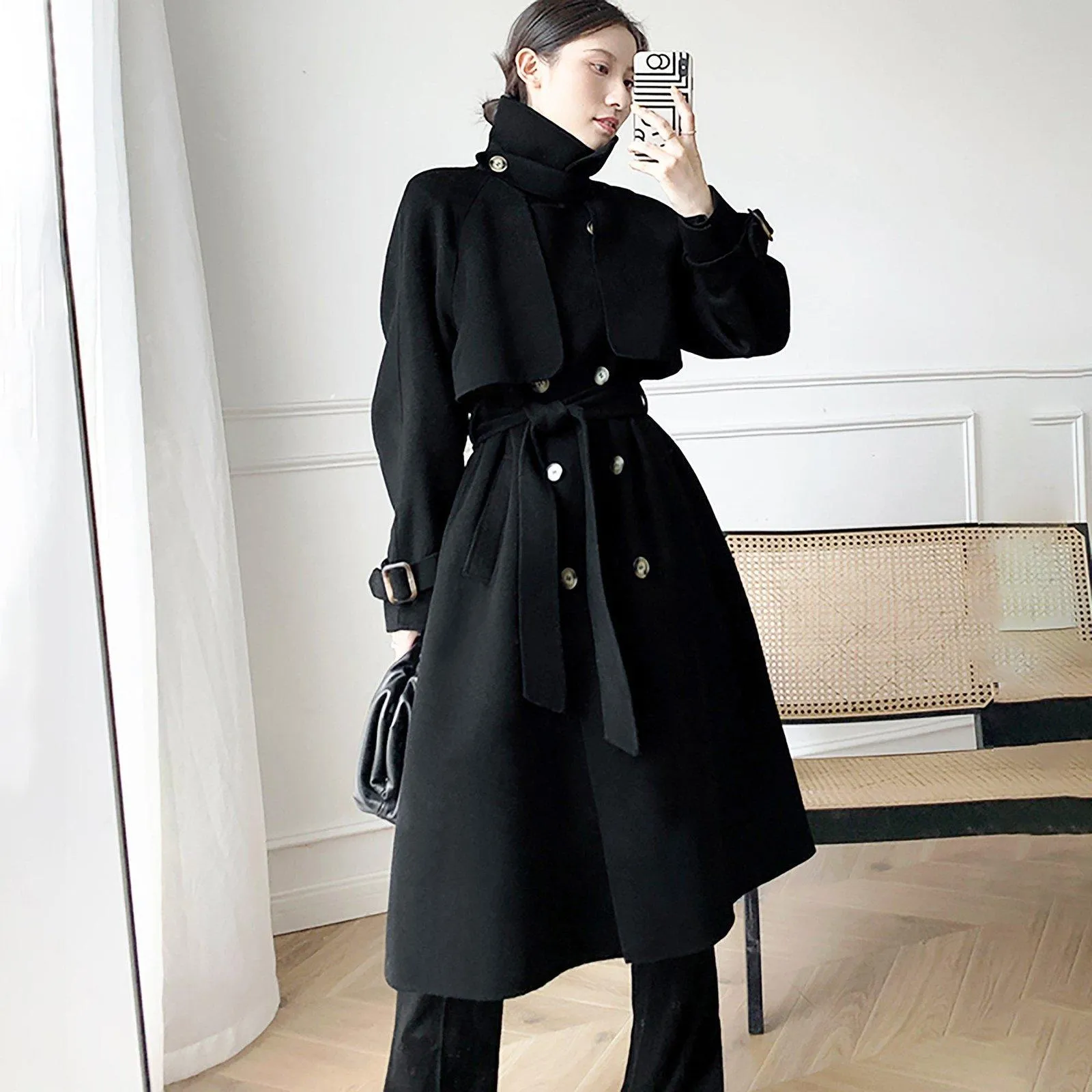 Women's Black Long Wool Coat,Oversize Wool Coat,Double Breast Reefer Coat,Fall Winter Wool Coat,Warm Wool Overcoat,Long Black Coat,Vivian7