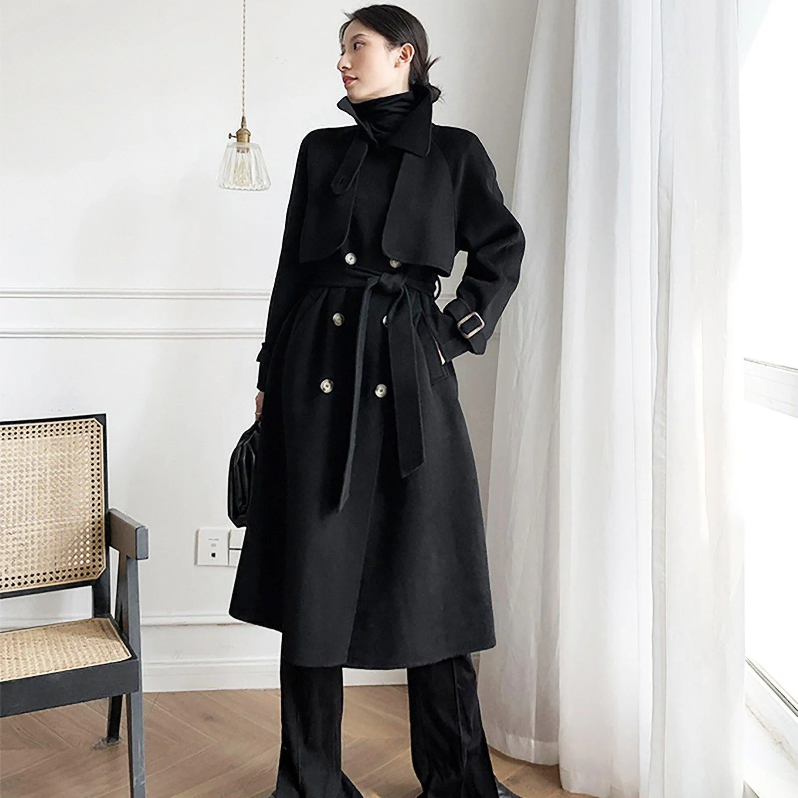 Women's Black Long Wool Coat,Oversize Wool Coat,Double Breast Reefer Coat,Fall Winter Wool Coat,Warm Wool Overcoat,Long Black Coat,Vivian7