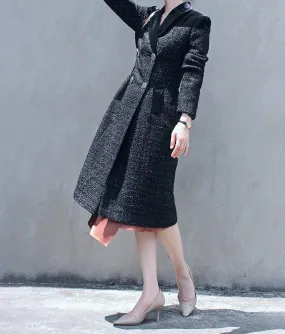 Women's Black Tweed woolen coat,Double Breasted Wool Long Coat,Wool Overcoat Fall Winter Wool Blend Trench Coat Outerwear