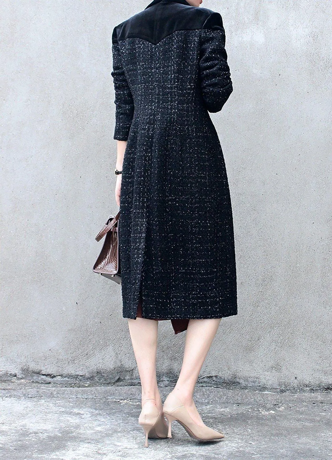 Women's Black Tweed woolen coat,Double Breasted Wool Long Coat,Wool Overcoat Fall Winter Wool Blend Trench Coat Outerwear