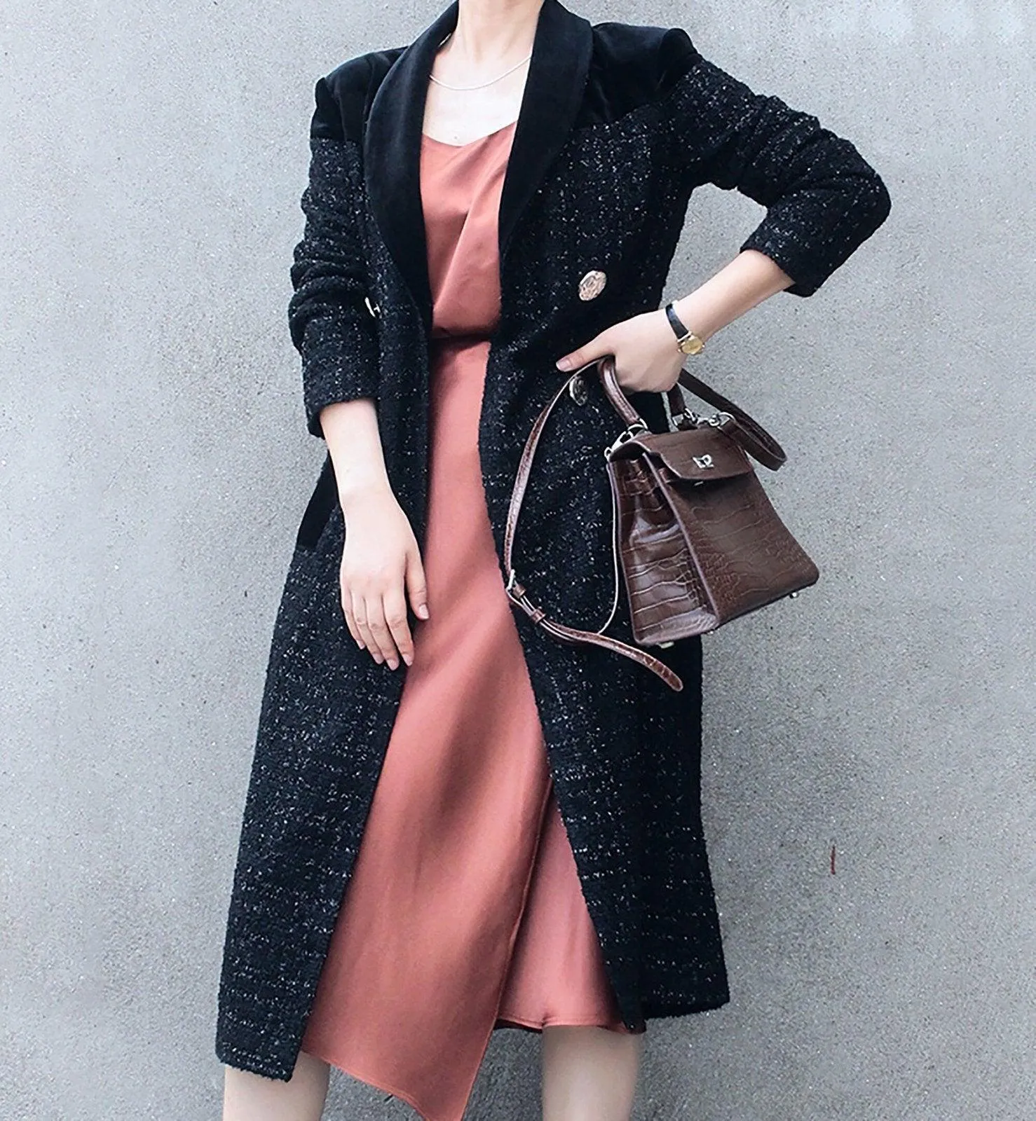 Women's Black Tweed woolen coat,Double Breasted Wool Long Coat,Wool Overcoat Fall Winter Wool Blend Trench Coat Outerwear