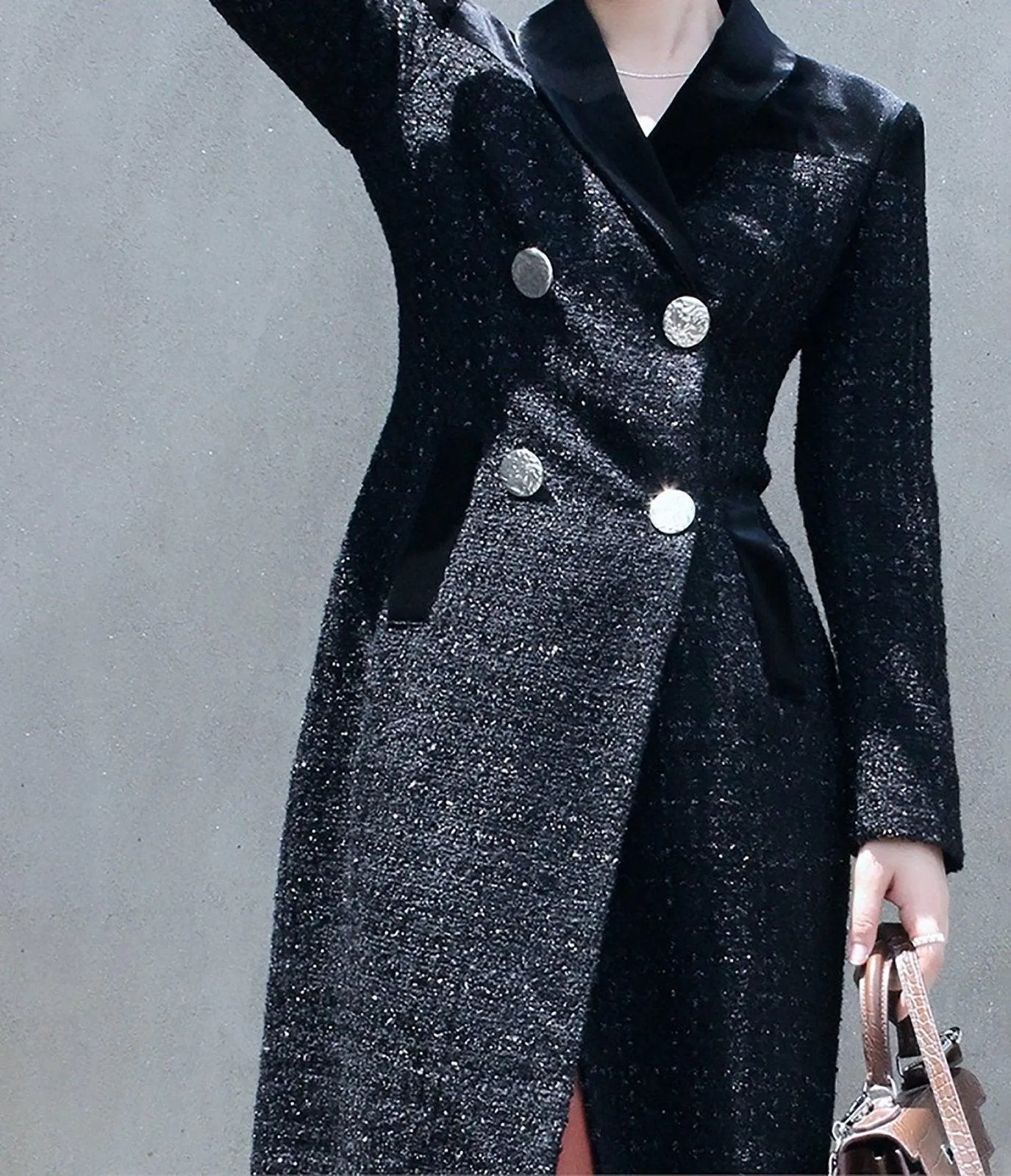 Women's Black Tweed woolen coat,Double Breasted Wool Long Coat,Wool Overcoat Fall Winter Wool Blend Trench Coat Outerwear