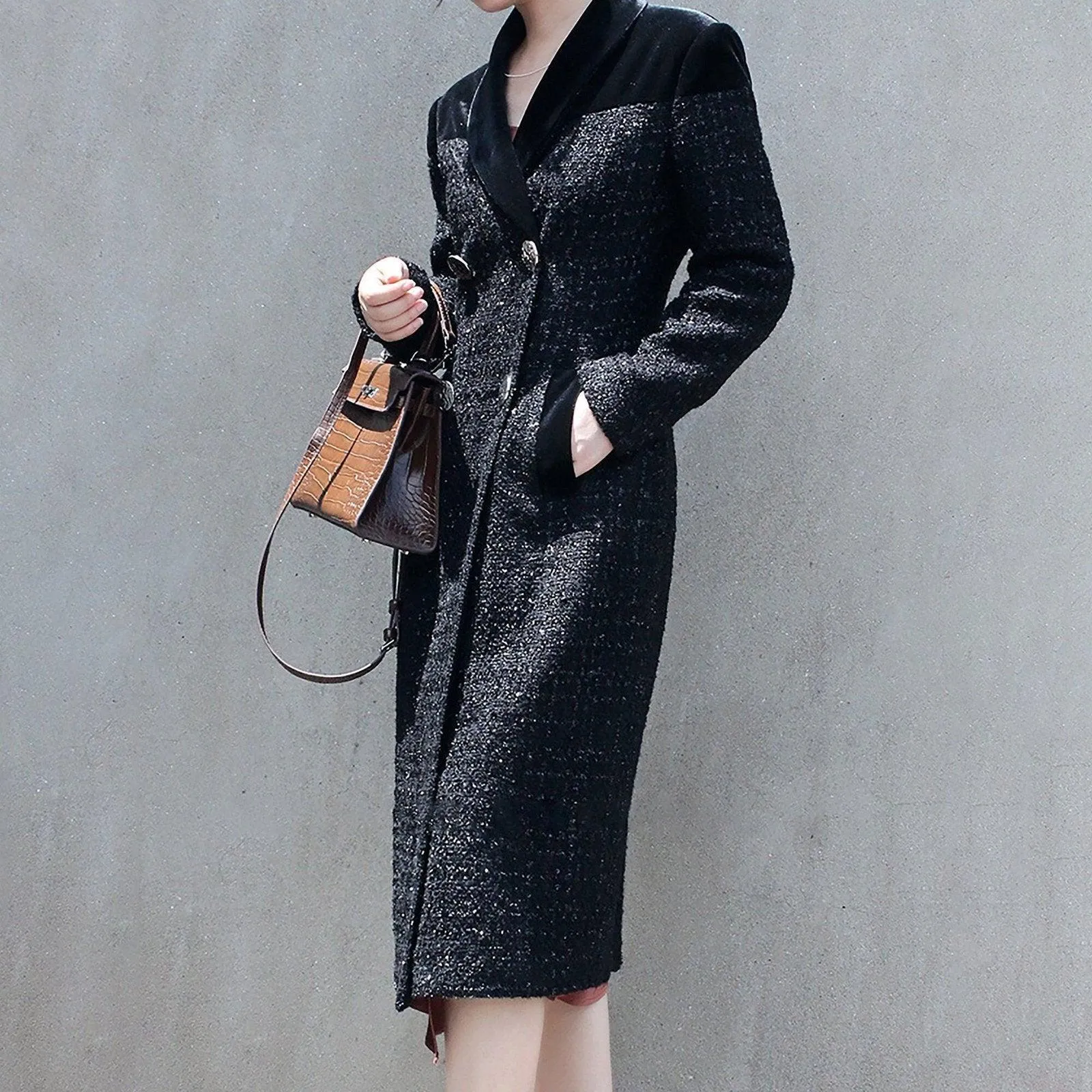 Women's Black Tweed woolen coat,Double Breasted Wool Long Coat,Wool Overcoat Fall Winter Wool Blend Trench Coat Outerwear