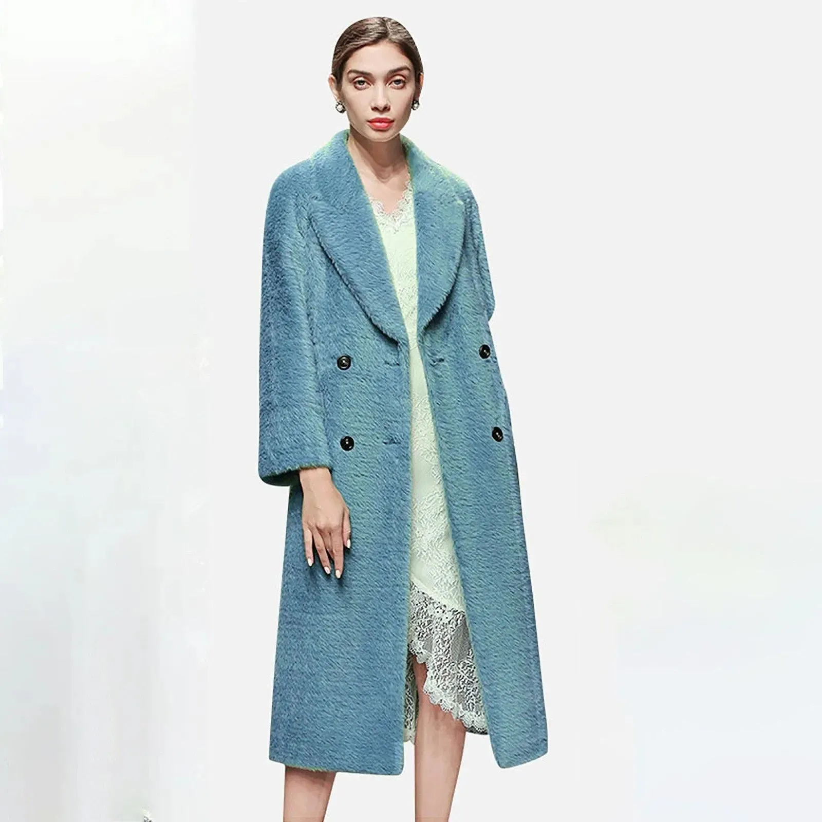 Women's Blue Faux Fur coat,Long Faux Fur Coat for Women,Double Breasted Overcoat,Collared Coat,Oversize Wool Coat,Warm Winter Coat,Long Coat