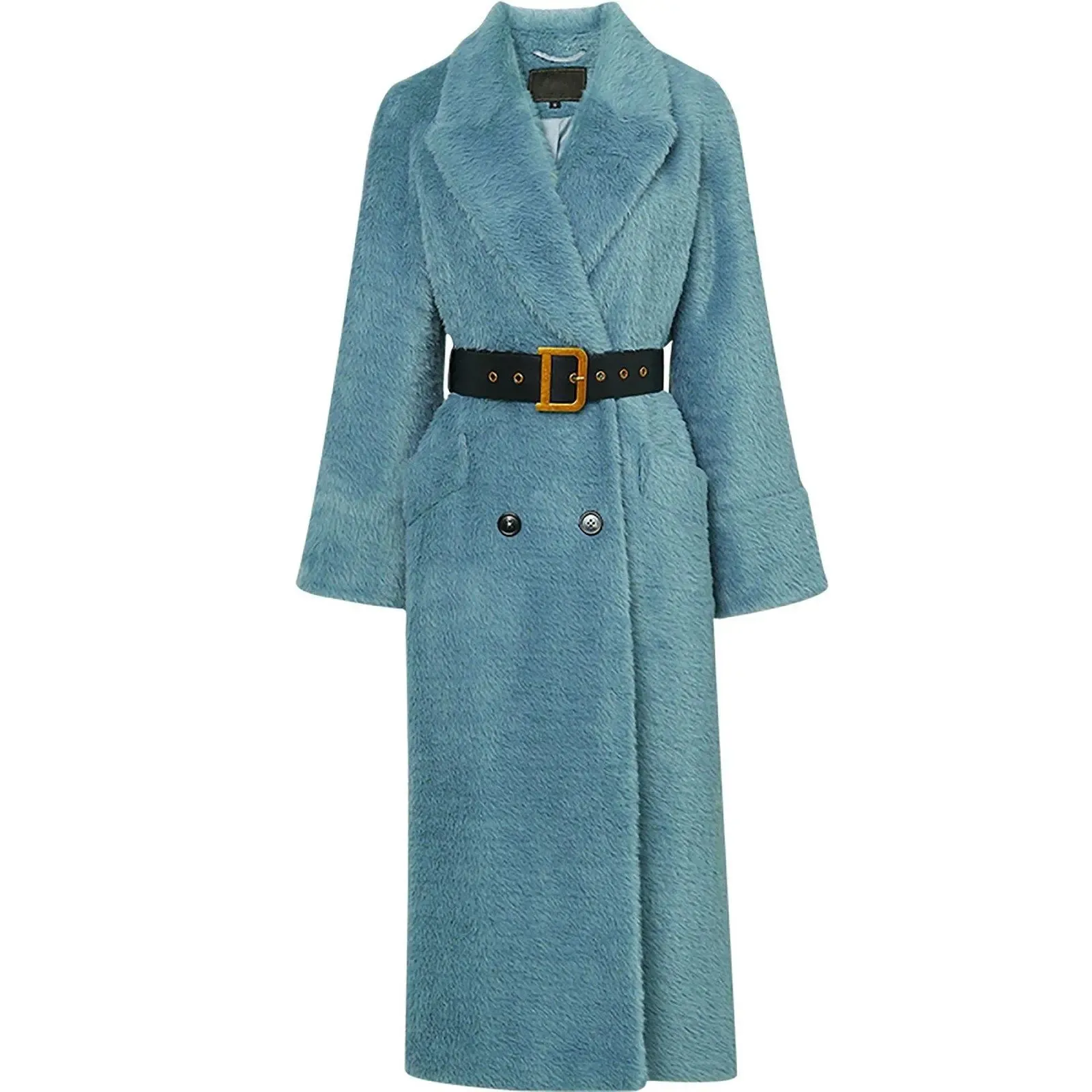 Women's Blue Faux Fur coat,Long Faux Fur Coat for Women,Double Breasted Overcoat,Collared Coat,Oversize Wool Coat,Warm Winter Coat,Long Coat