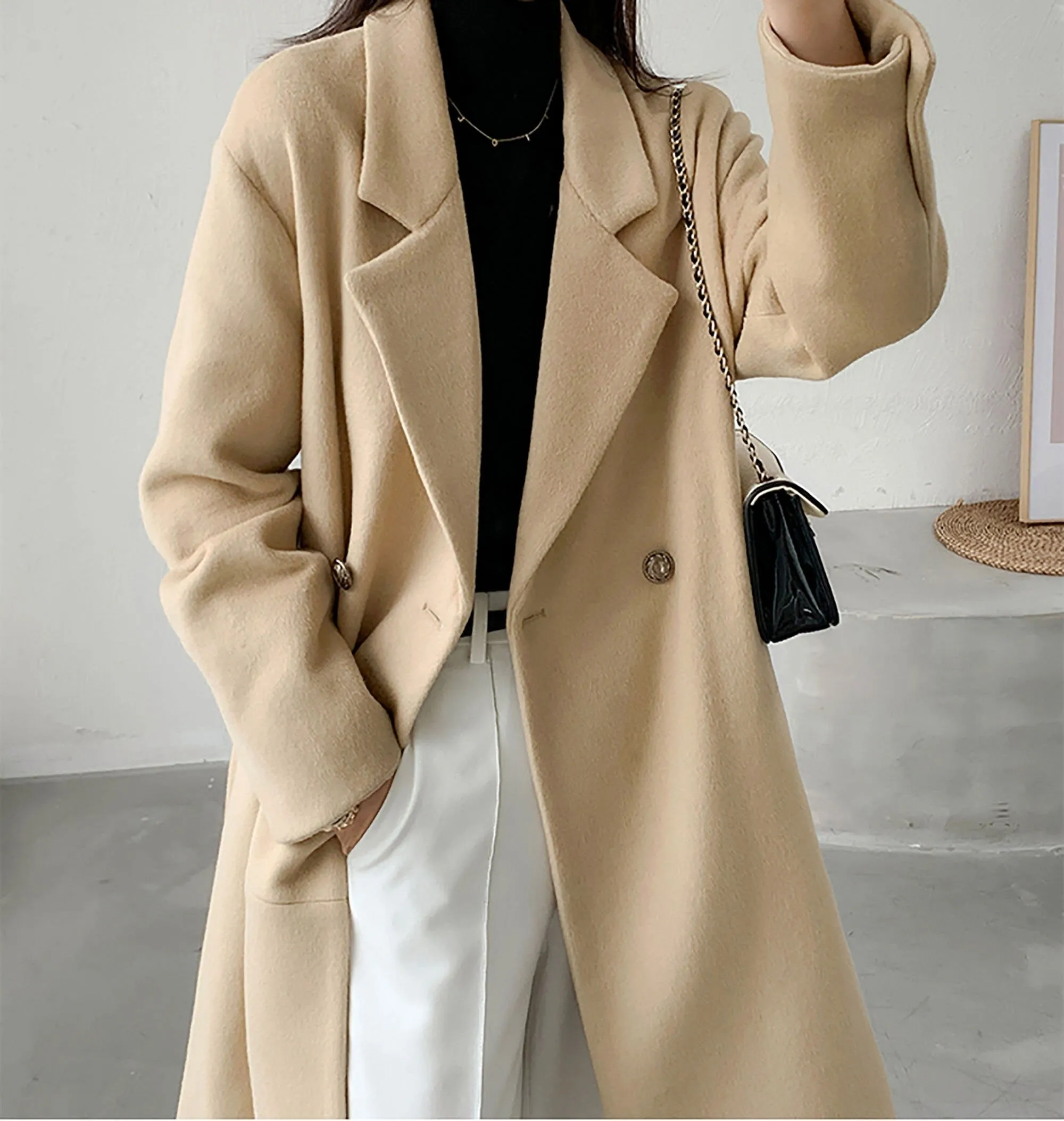 Women's camel thick Wool Overcoat over-knee woolen coat,Loose Oversize Wool Blend reefer Coat,Fall Coat Winter Black Woolen Overcoat Coat