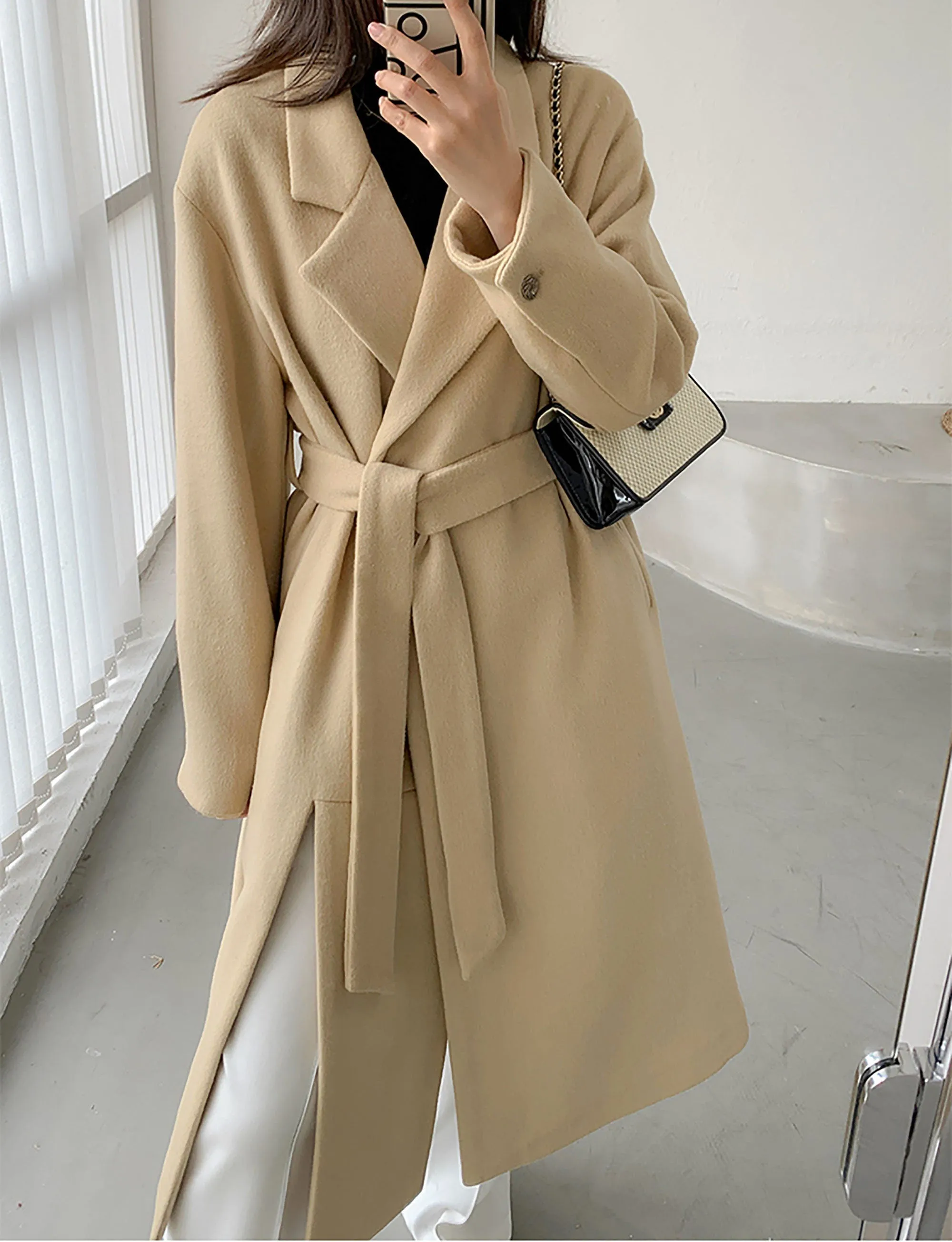 Women's camel thick Wool Overcoat over-knee woolen coat,Loose Oversize Wool Blend reefer Coat,Fall Coat Winter Black Woolen Overcoat Coat