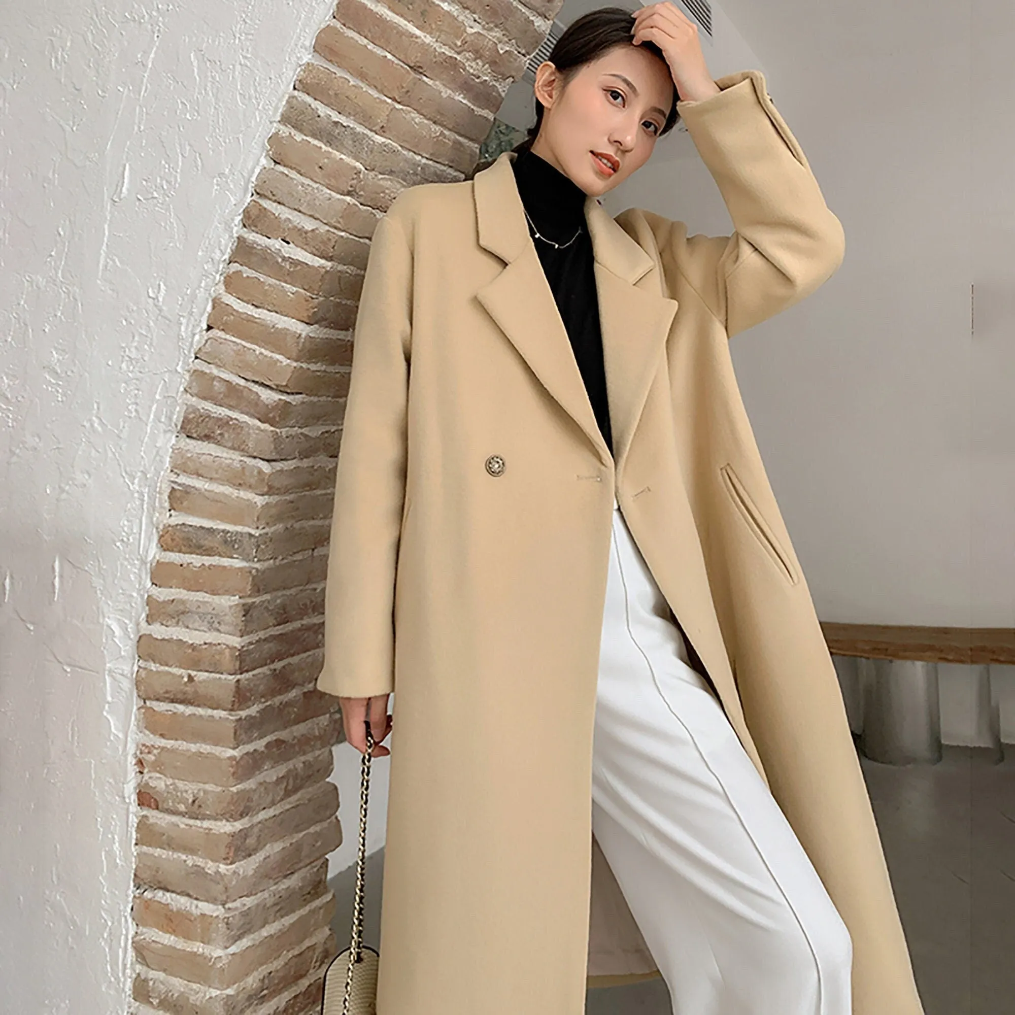 Women's camel thick Wool Overcoat over-knee woolen coat,Loose Oversize Wool Blend reefer Coat,Fall Coat Winter Black Woolen Overcoat Coat